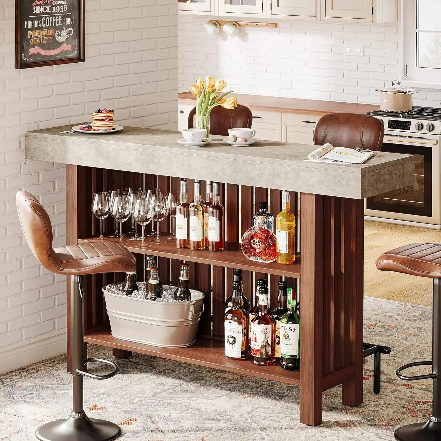 2-Tier Mini Bar Table Height Pub Table with Footrest, 63-Inch Large Home Bar Unit, Modern Coffee Bar Cabinet for Home Kitchen