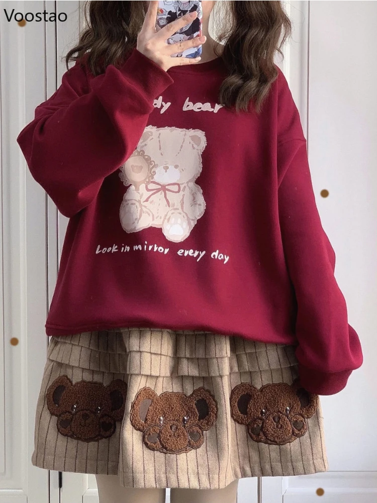 Spring Autumn Japanese Sweet O-Neck Bear Print Loose Hoodies Women Kawaii JK Sweatshirts Harajuku Girls Cute Red Outerwear Tops