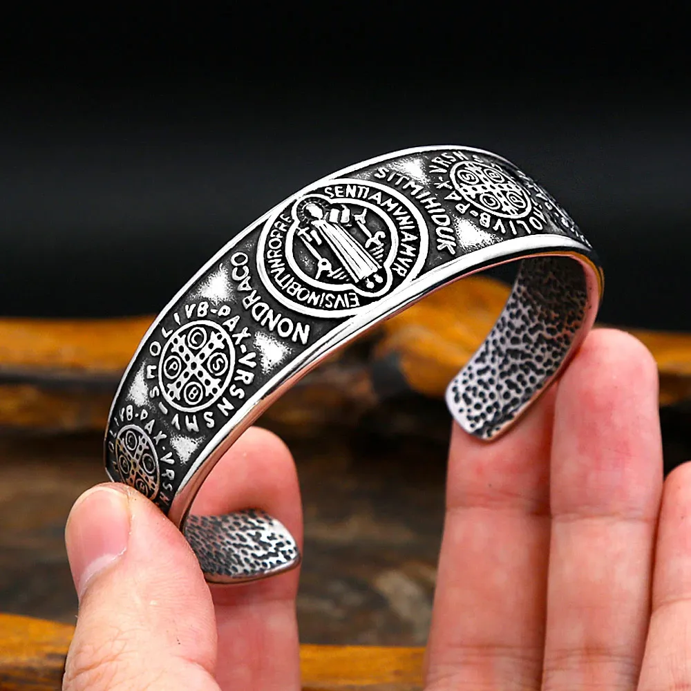 Retro Nostalgic Hip Hop Saint Benedict Exorcism Open Bangle Stainless Steel Fashion Jewelry Unisex Charm Gift for Men Women
