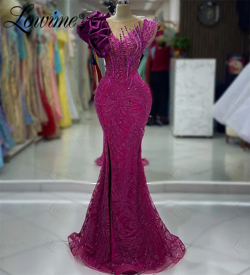 

Purple Beads Evening Dresses 2023 Arabic Short Sleeves Ruffles Mermaid Crystals Woman Party Gowns Long Wedding Prom Dress Custom