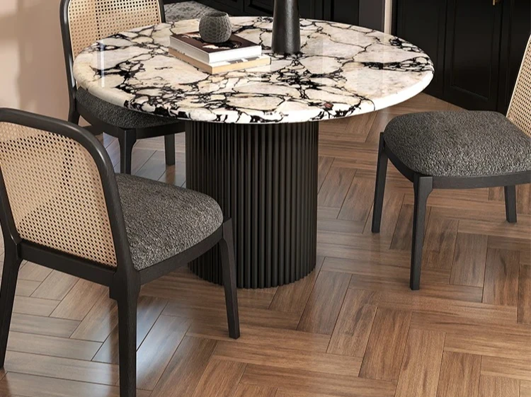 

French marble dining table, luxury stone natural round table, light luxury solid wood round small apartment for home use