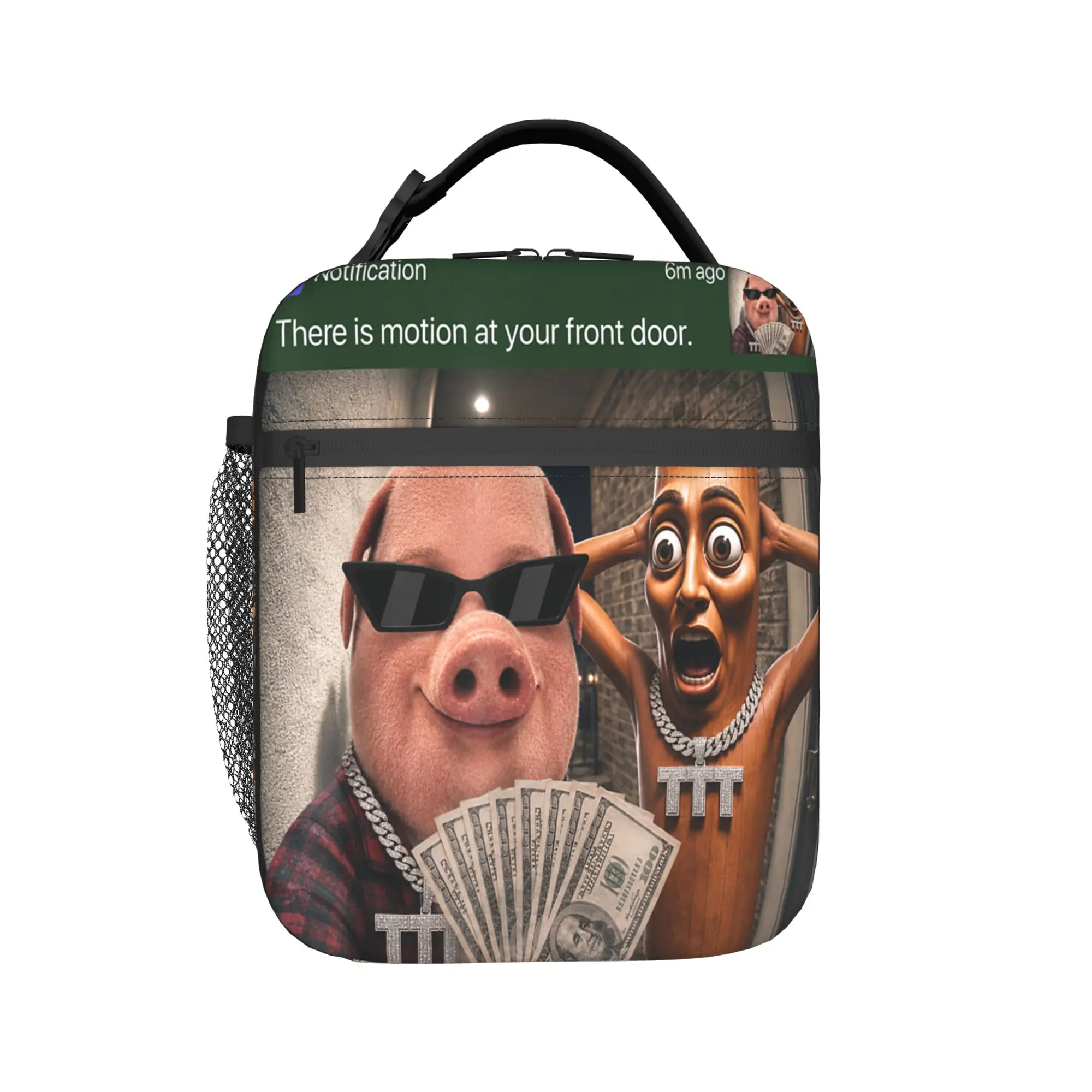 There is Motion at Your Front Door Tung Sahur and Jonh Pork Lunch Bag Portable Lunch Box Child Picnic Graphic Design Cooler Bag