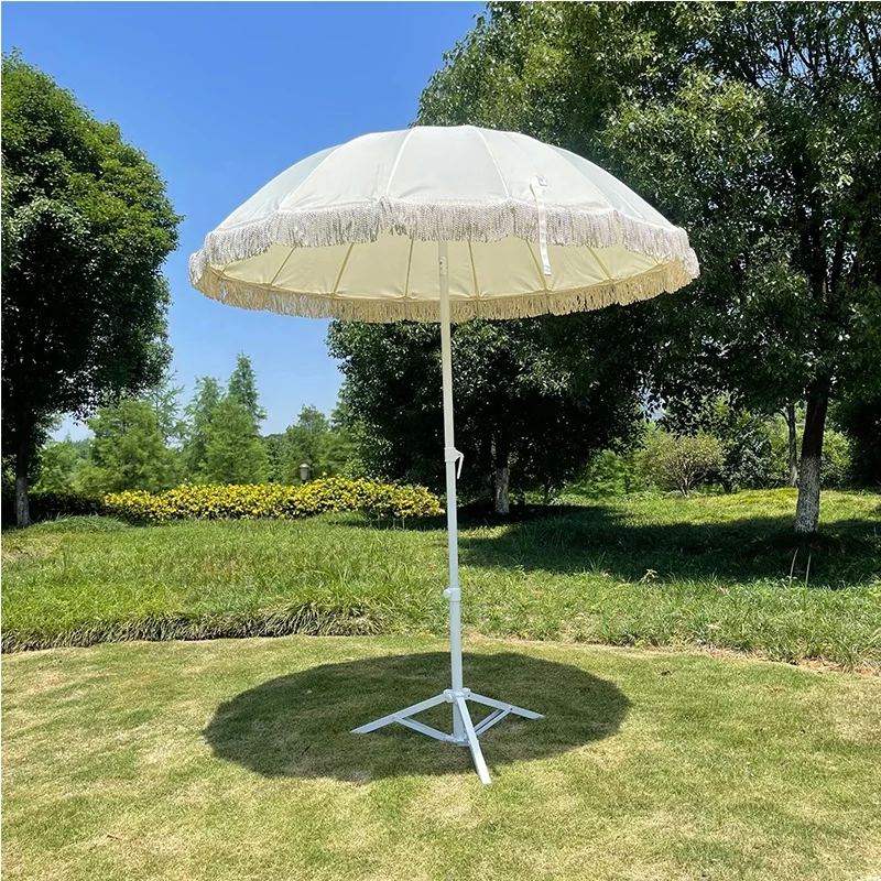 6.5ft OEM ODM logo sun  korean hot sales parasol frange beach umbrella with tassels wooden  beach umbrella