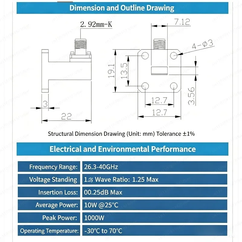 26.3-40 GHz WR28/2.92mm Female Waveguide Coaxial Converter, Quadrature Design, Aluminum Economical for Test Systems