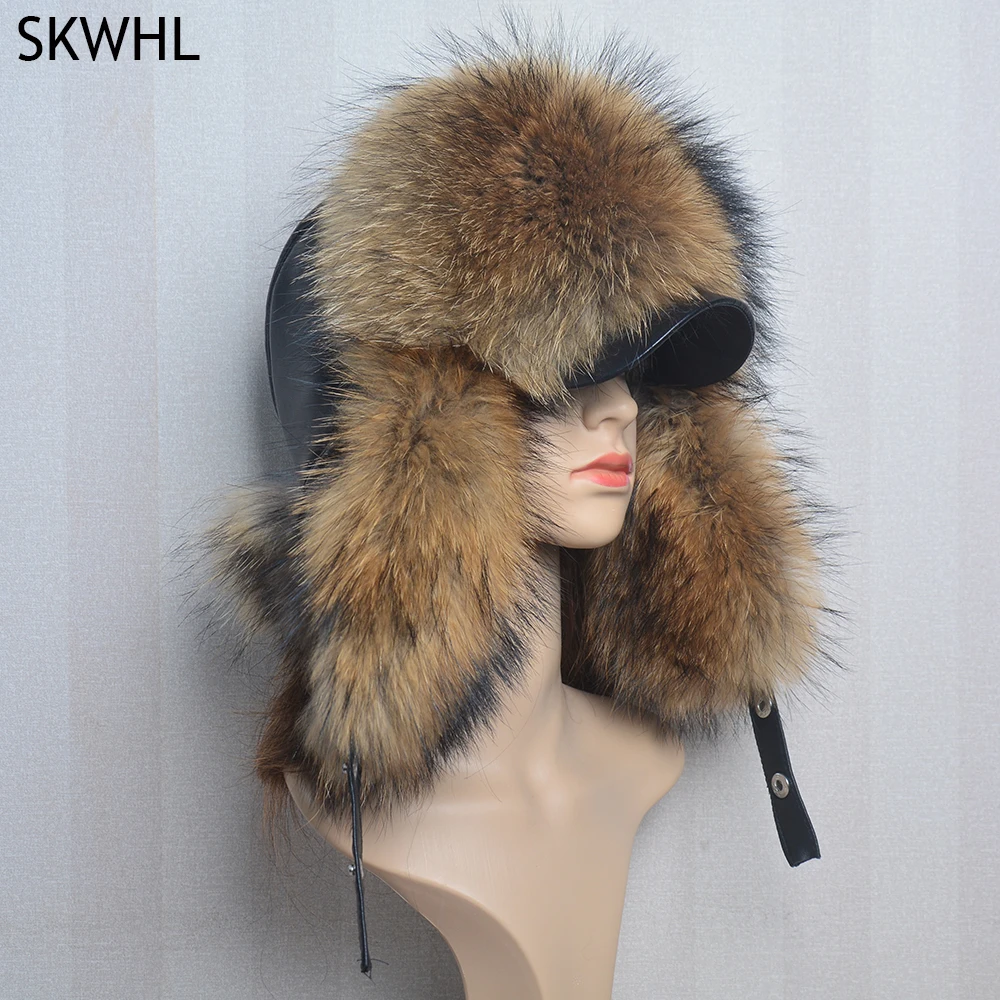 100% Real Fox Fur Hat Ushanka Aviator Trapper Snow Skiing Hat Caps Earflap Winter Raccoon Fur Bomber Hat