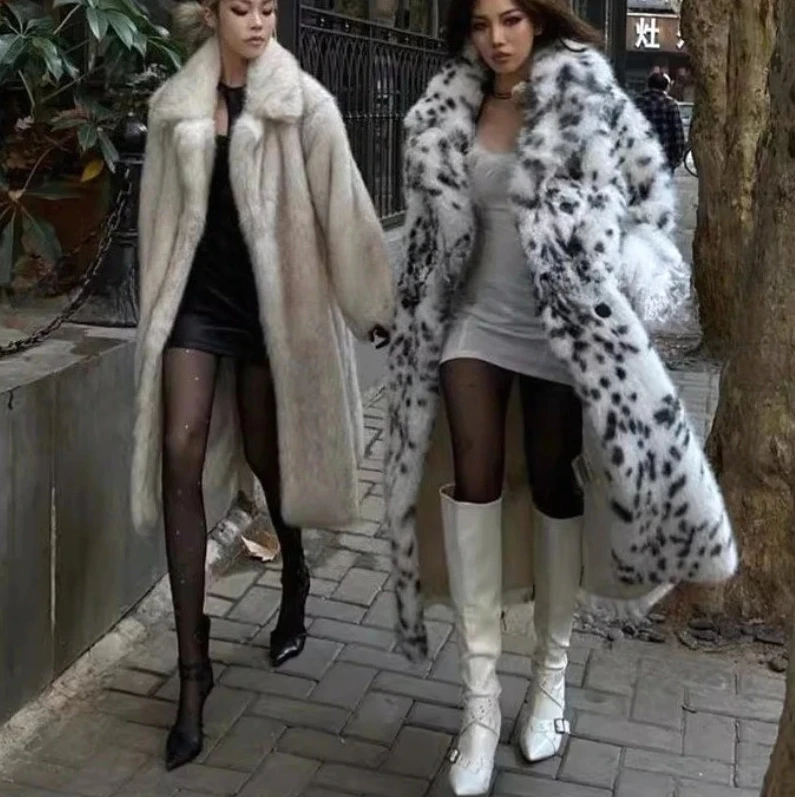 Dikke warme nepbontjas 2025, lange damesjas met luipaardprint, kraagvorm, Street Style Commuter