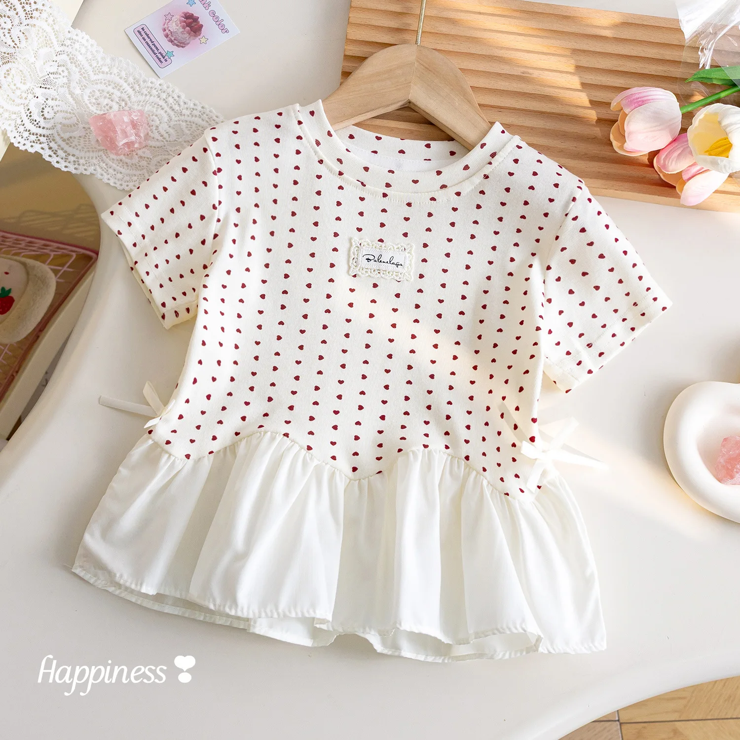 Girls Summer Korean Short Sleeve T-Shirt Foreign Style Love Printed Lace Half Sleeve Top Girls Summer Clothes
