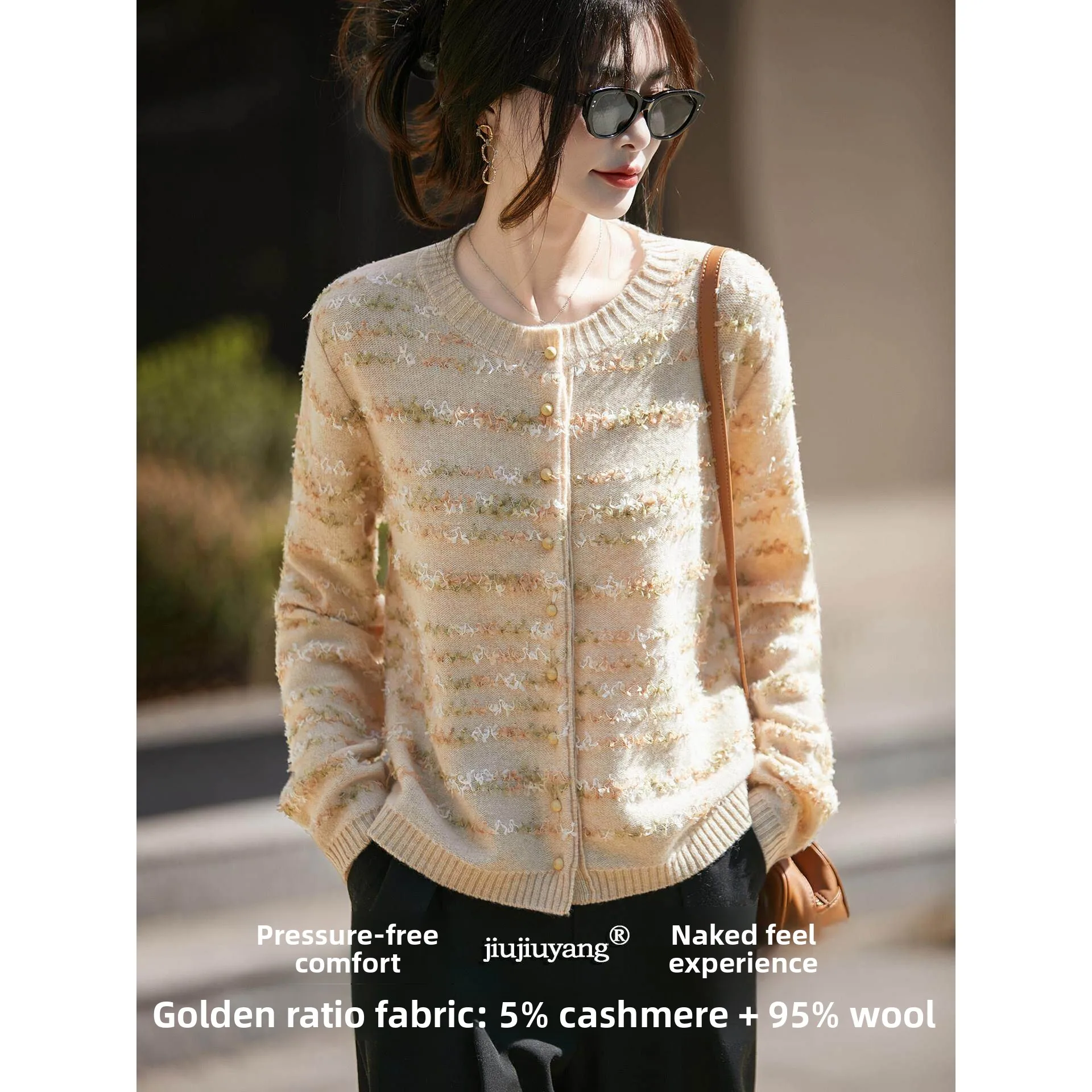 

Вязаный кардиган ручной работы из кашемира с круглым вырезом, женская омолаживающая и стройнящая верхняя одежда, свитер-жакет для ранней осени