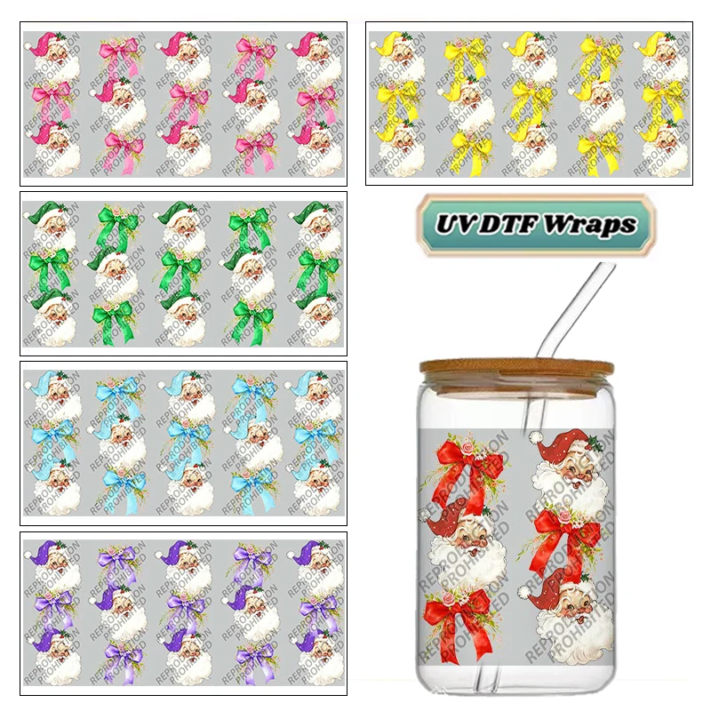 Vintage Christmas Santa Claus Bow UV DTF Cup Wrap Stickers Waterproof No Heat Transfer for 16oz Libbey Glass Can Xmas Decal