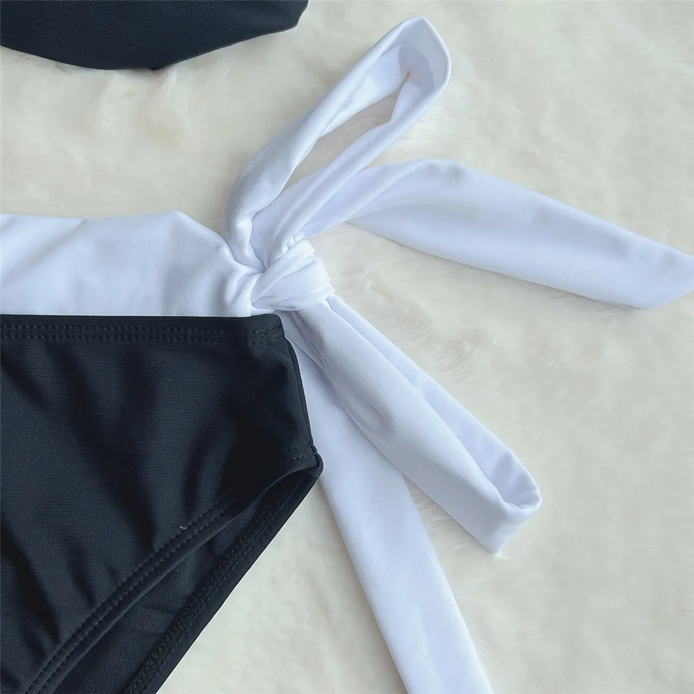 Bikinis Sets Sexy Black White Contrast Swimwear 2024 Women High Waist Push Up Swimsuits Knotted Bathing Two Piece Suit Brazilian