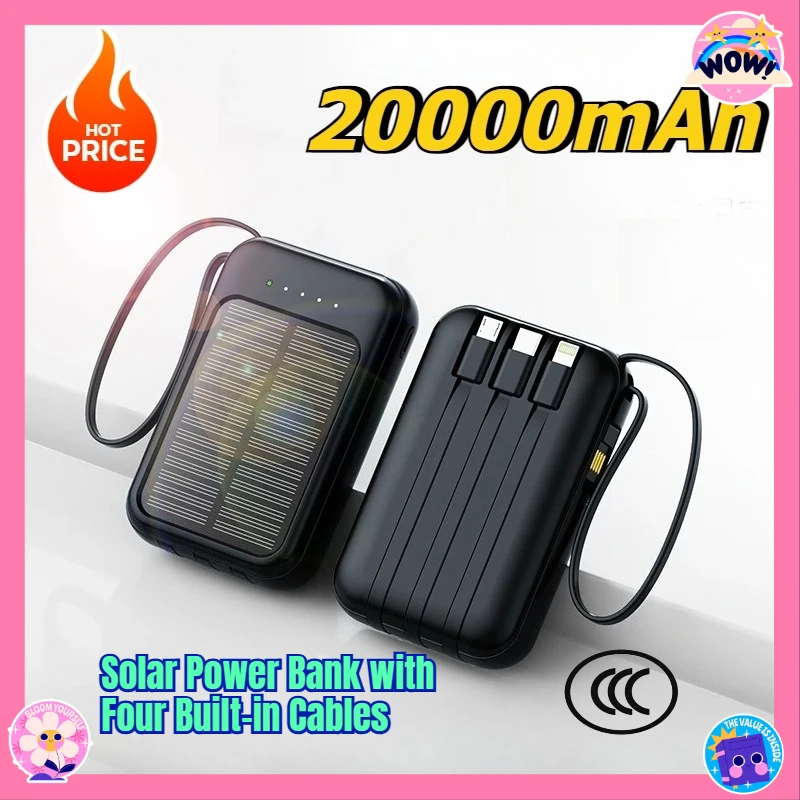 

Solar Power Bank with Four Built-in Cables 20000mAh for Camping and Emergency Mobile Power Supply