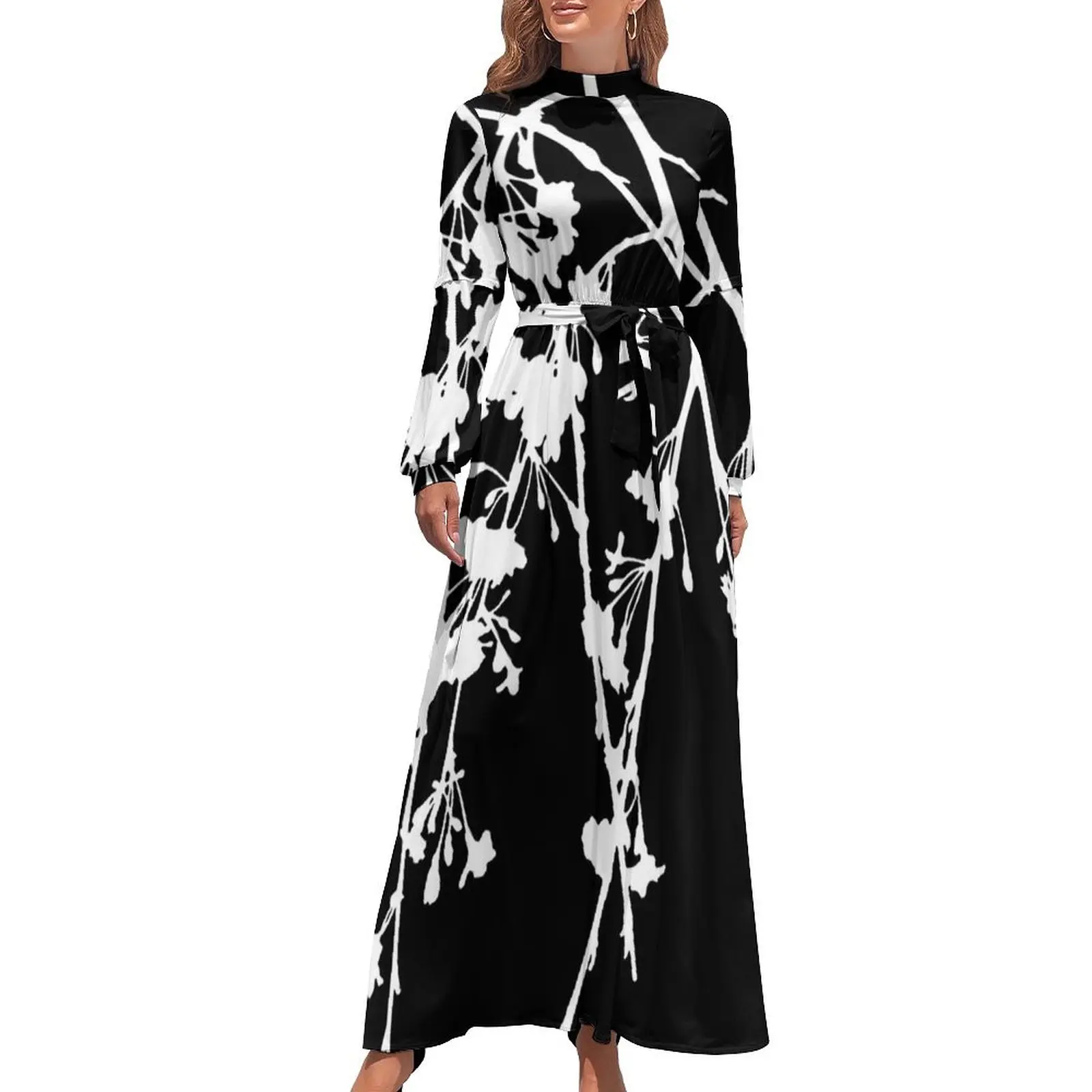 

Weeping Cherry Tree Branch, White and Black Color Long Dress summer dress womens 2024 summer dresses for women 2024 women dress