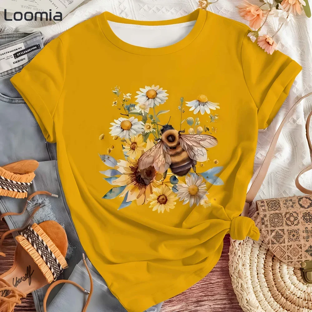 

Новая футболка с пчелой и цветочным узором, летняя женская одежда, простые футболки с рисунком, быстросохнущие женские футболки с круглым вырезом, топы