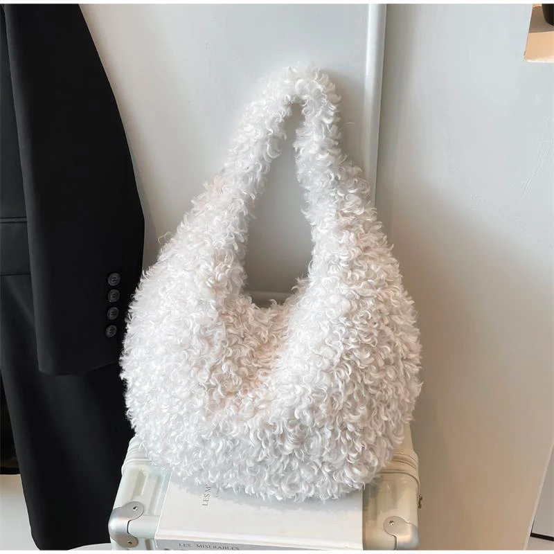 Flauschige, lockige Kunstfell-Hobo-Schultertasche, Plüsch-Halbmond-Unterarmtasche, weiche Teddy-Fuzzy-Halbmond-Handtasche, warme Winter-Handtasche für Damen – Detail 14