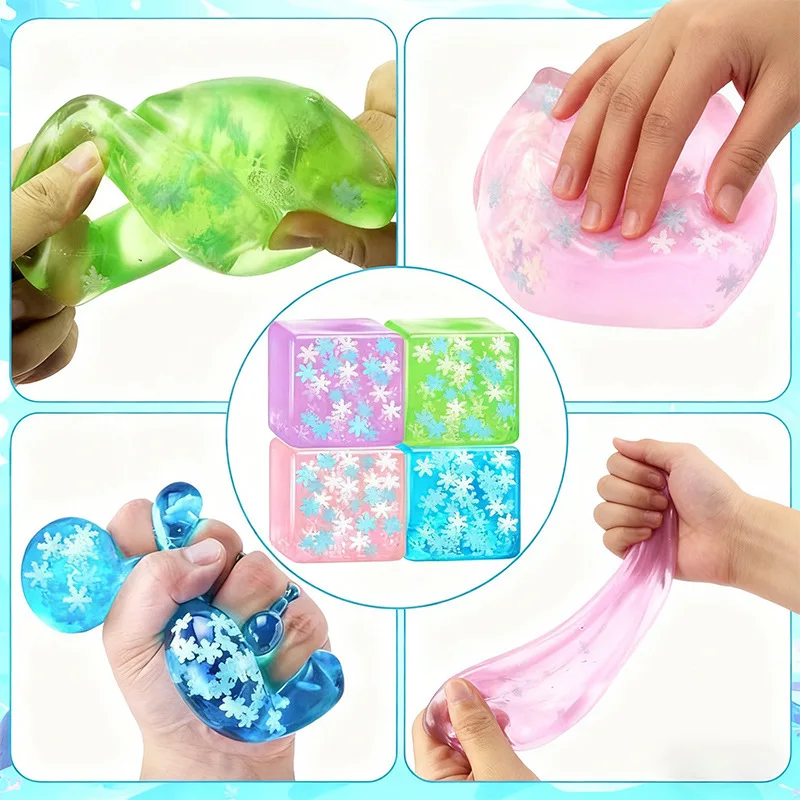 Glow in The Dark Ice Cube Squishy Toy, TPR Snowflake Slow Rebound Stress Relief Ball, Stretchy Transparent Fidget Toy for Gifts