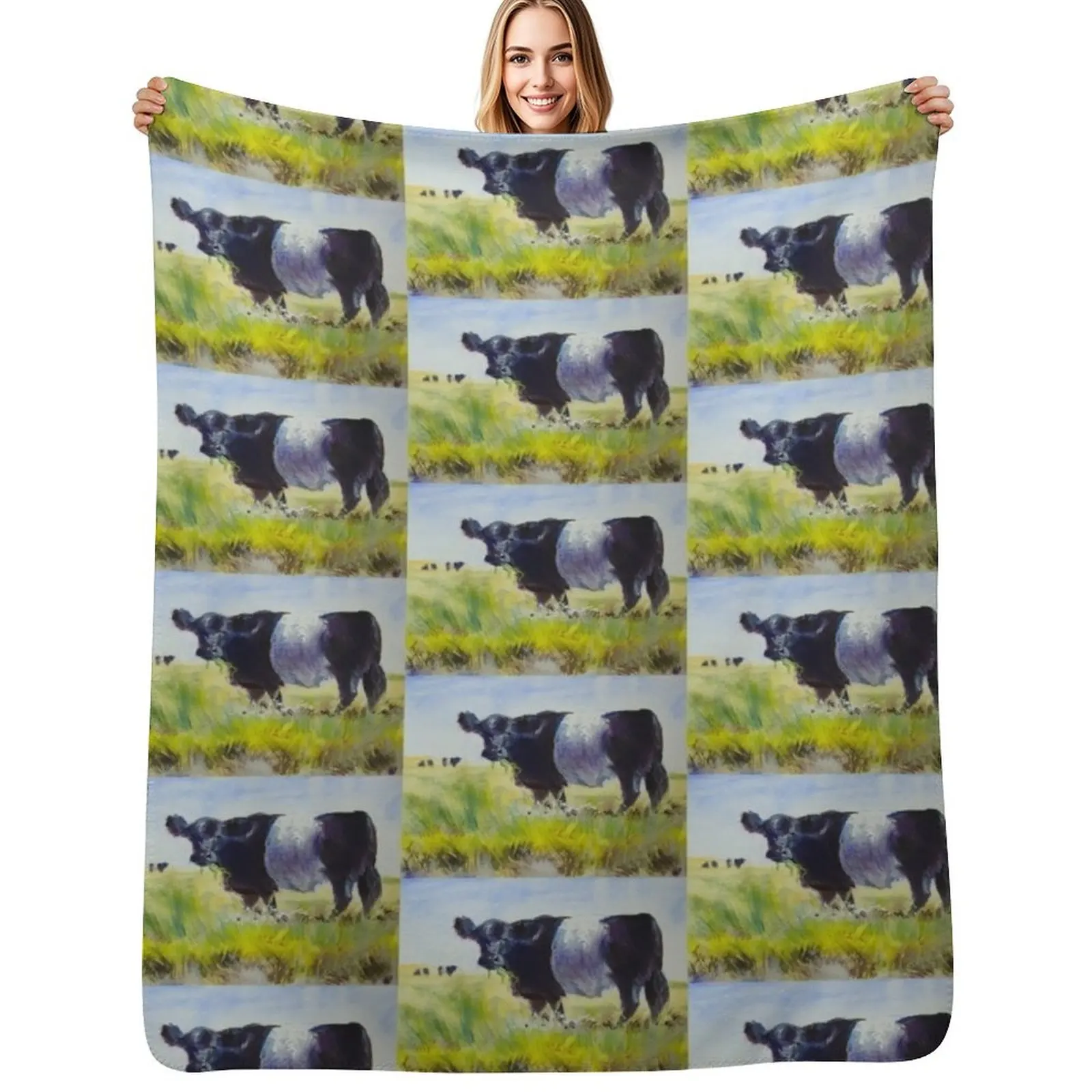 Belted Galloway Cow Painting Throw Blanket Warm Accent Blanket for Living Room Decoration