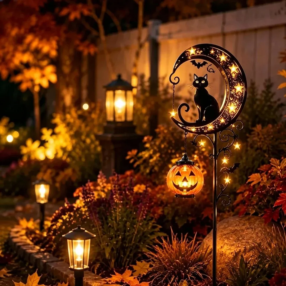 Outdoor Solar Halloween Cat Moon Stake Light Pumpkin Lantern Waterproof Garden Yard Lawn Holiday Party Decoration Lamp