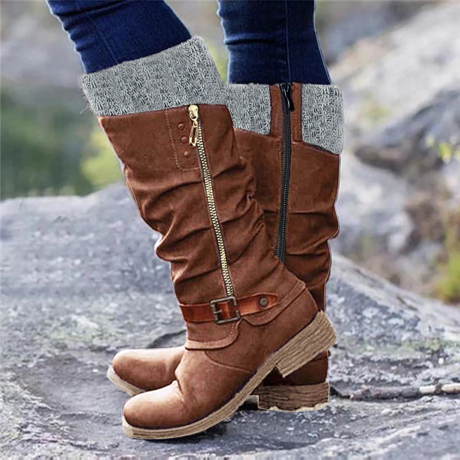 Knee Boots For Women Suede Boots Shoes Heels Zipper Women\'S Boots High Fashion Low Long Cute Winter Boots For Women Knee High