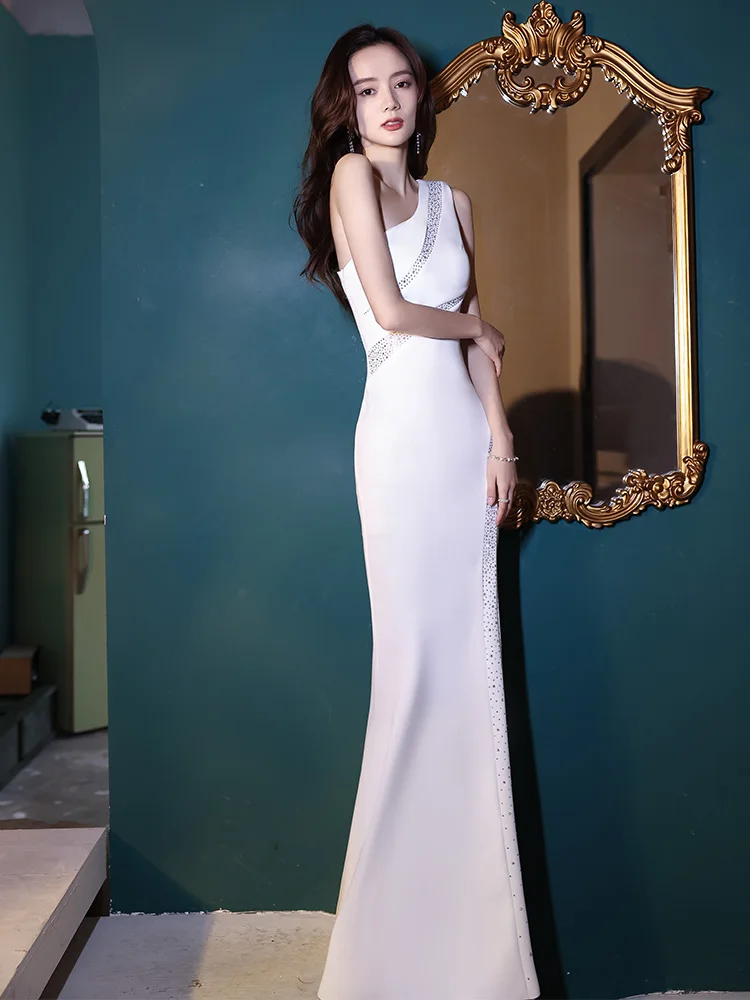 

Ele White Evening Gown Women's High-End Luxury Tailored Fi Tail Skirt for Year-End Conference Host Sexy Mid-Waist Zippe...