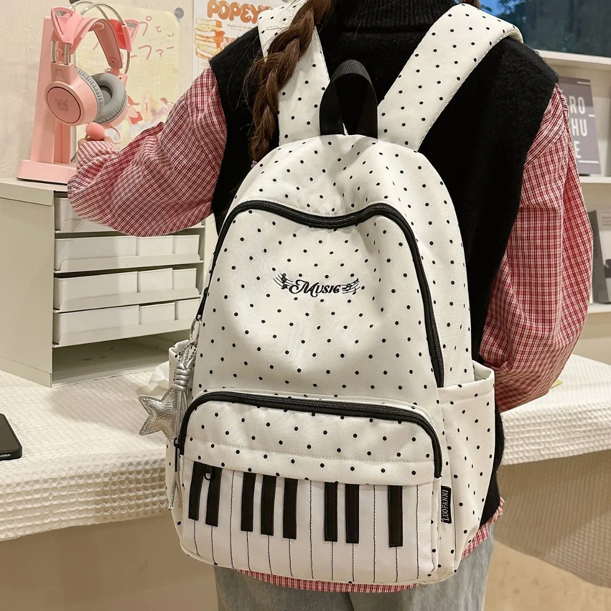 Literary Polka Dot Piano Print Backpack Three Color Preppy Style Light Waterproof Nylon Girl Middle High School Travel Backpack