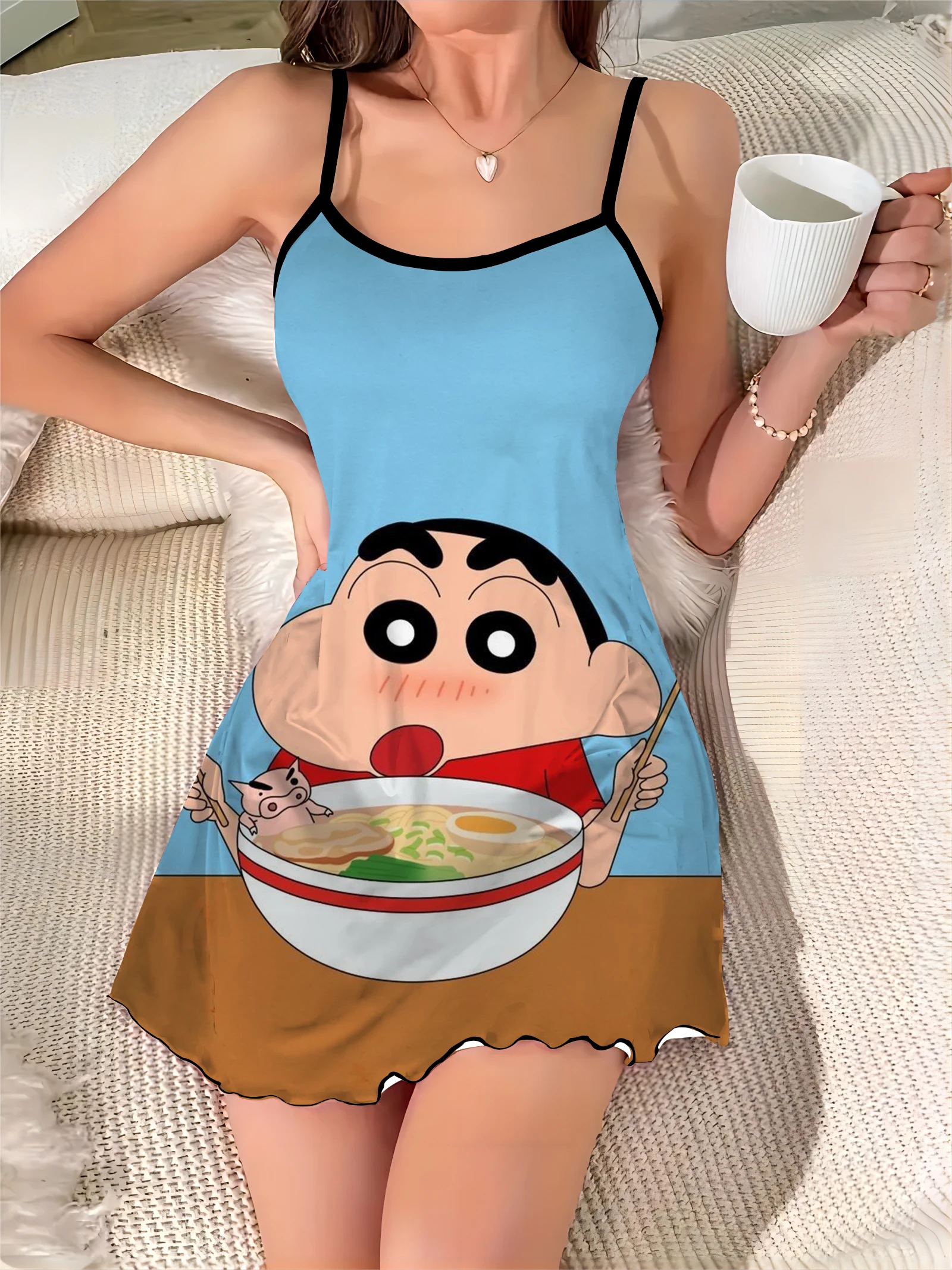 

Fashion Summer Dresses 2024 Elegant Chic Dress Crew Neck Crayon Shin-chan Lettuce Trim Women Mini Sexy Trim Neck Slip Dress Home