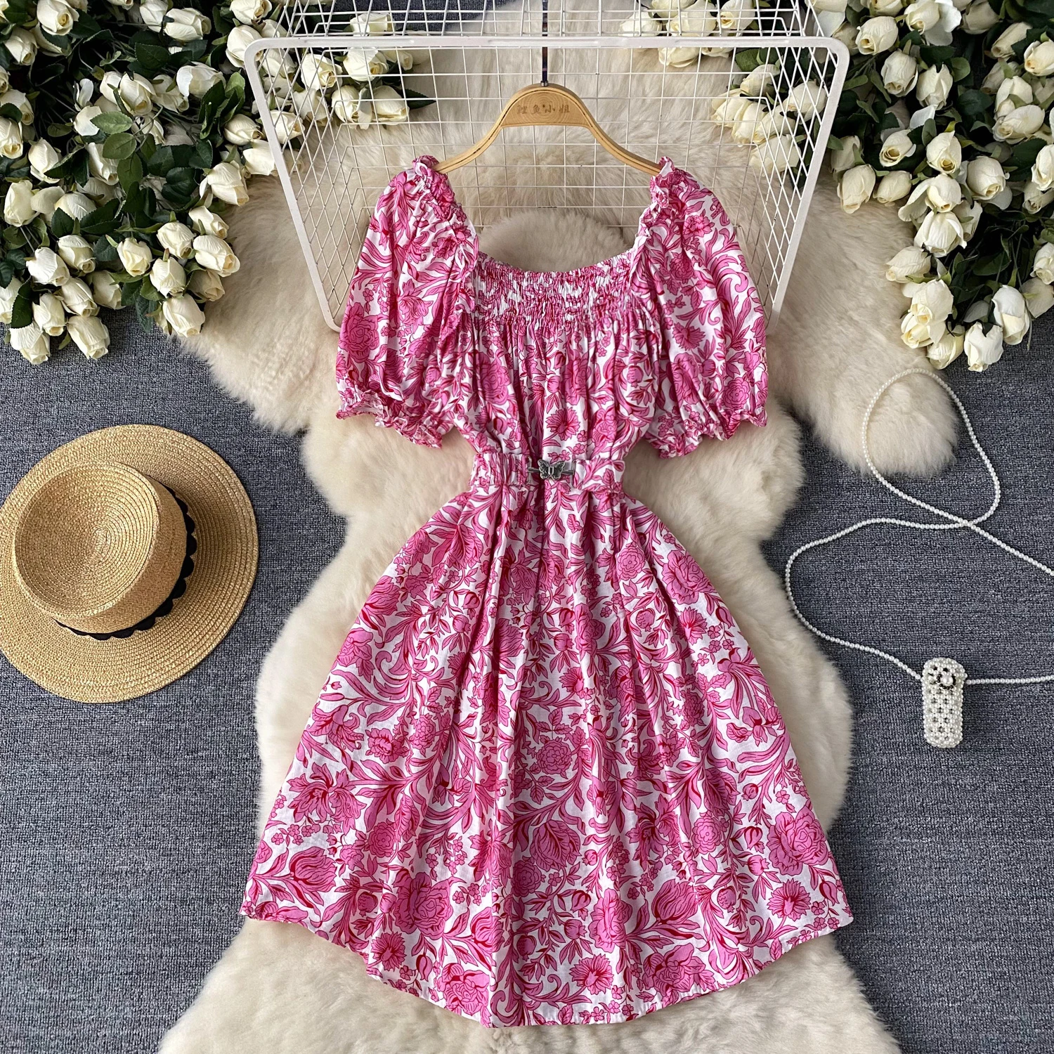 

French Vintage Square Collar puff sleeve print Dress A-line Chic Casual Beach Vacation Women Summer sweet dresses