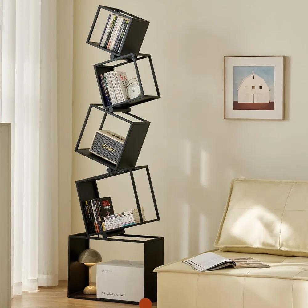 

Geometric Bookshelf,5-Tier Unique Bookcase,72.8" Tall Black Bookshelf, Modern Book Shelf,Corner Storage Shelves for CDs/Books/Ho