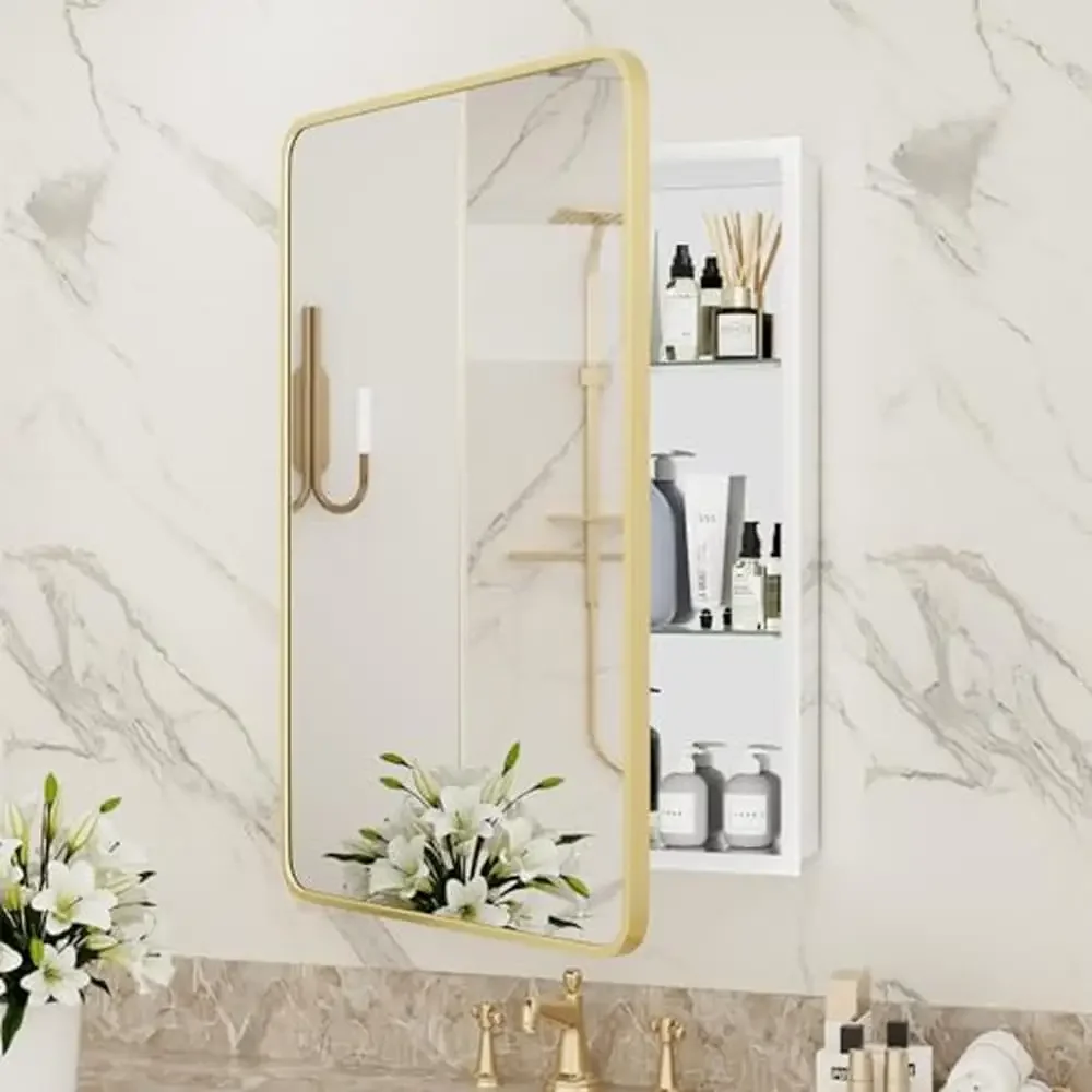 Aluminum Bathroom Medicine Cabinet 24x36 Inch Gold Mirror Recessed Round Corner HD Silver Reflection Adjustable Shelves Wall