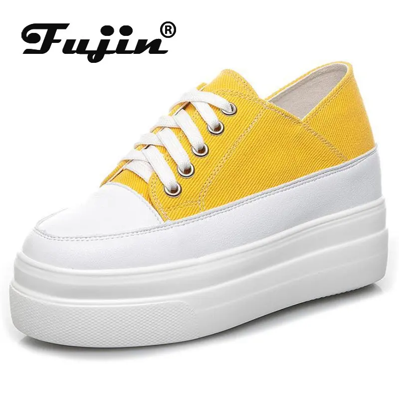 

Fujin 8cm Denim Platform Wedge Spring Summer Autumn Comfy High Brand Genuine Leather Chunky Sneaker Casual Hidden Heels Shoes