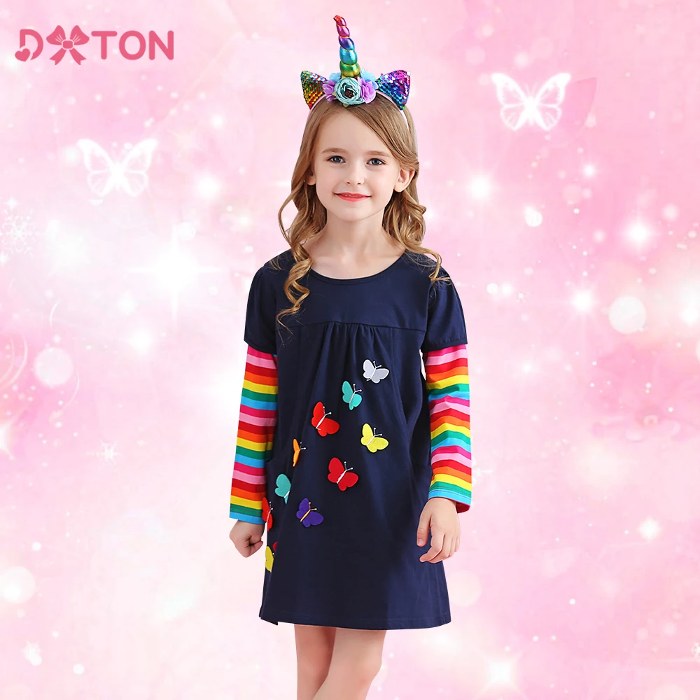 DXTON Winter Toddler Girl Clothes Rainbow Long Sleeve Girls Dresses Butterfly Cotton Children Casual Dress for Kids 2-12 Years