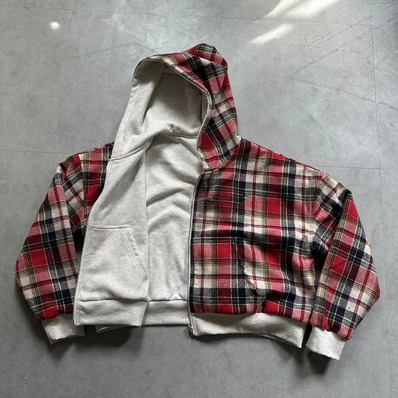 Winterliche Casual-Kapuzenpullover mit Karomuster für Damen, Y2K-Stil, doppelseitig tragbar, modisches, lockeres Sweatshirt mit Kapuze, trendige Damenjacke. – Detail 11