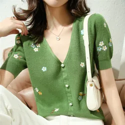 Spring and Summer New Fine Imitation Wool Sweater Women's Embroidered Small Flower V-Neck Knitted Sweater Thin Top Green Jacket