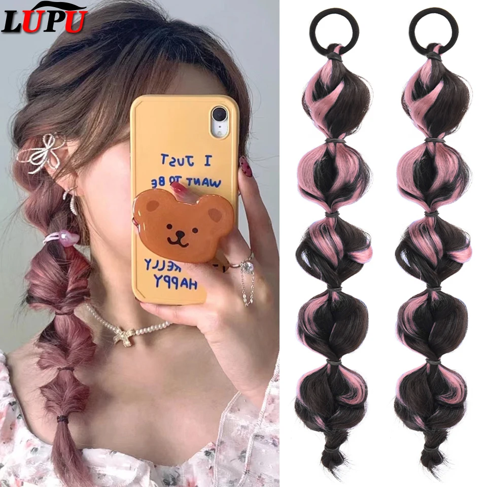 

LUPU Synthetic Twist Braiding Pony Tail With Rubber Band Hair Ring Long Boxing Braids Ombre Pink Hair Ponytail Extensions