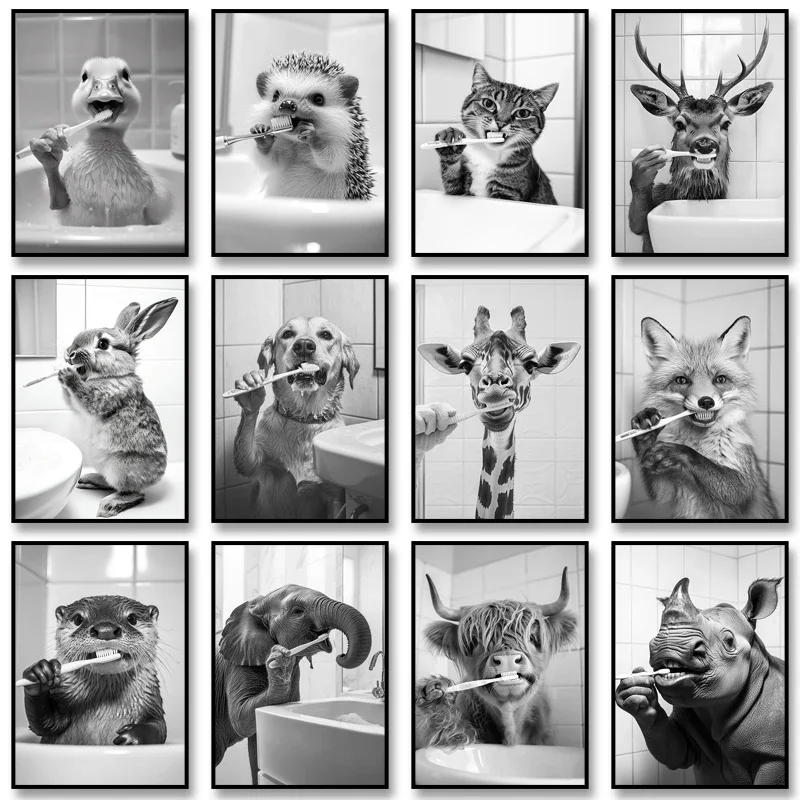 Black White Funny Bathroom Brushing Teeth Poster Vintage Style Animal Canvas Painting Print Wall Art Picture for Home Decorat