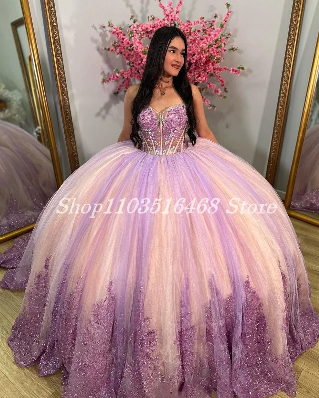 Funkelnde süße Zug 15 Quince anera lila wunderschöne süße Prinzessin eingelegte Pailletten Kristall Spitze Vestidos de 15 Años Quinceañeras