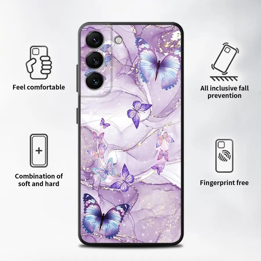 Capa de Telefone para Samsung Galaxy A35 A13 A14 A34 A16 A15 A11 A12 A24 A22 A52 A51 A36 A26 Mármore Borboleta