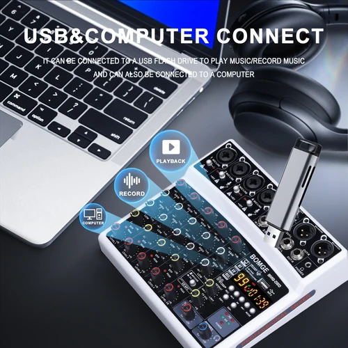 Imagen 2 del producto BOMGE mezclador de Audio inalámbrico de 6 canales consola mezcladora portátil interfaz USB tarjeta de sonido con 16 DSP Echo 48V Phantom Power
