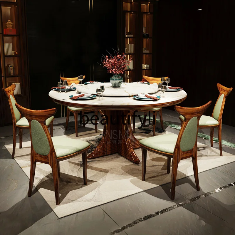 

New Chinese marble home dining table modern turntable table solid wood dining table and chair combination