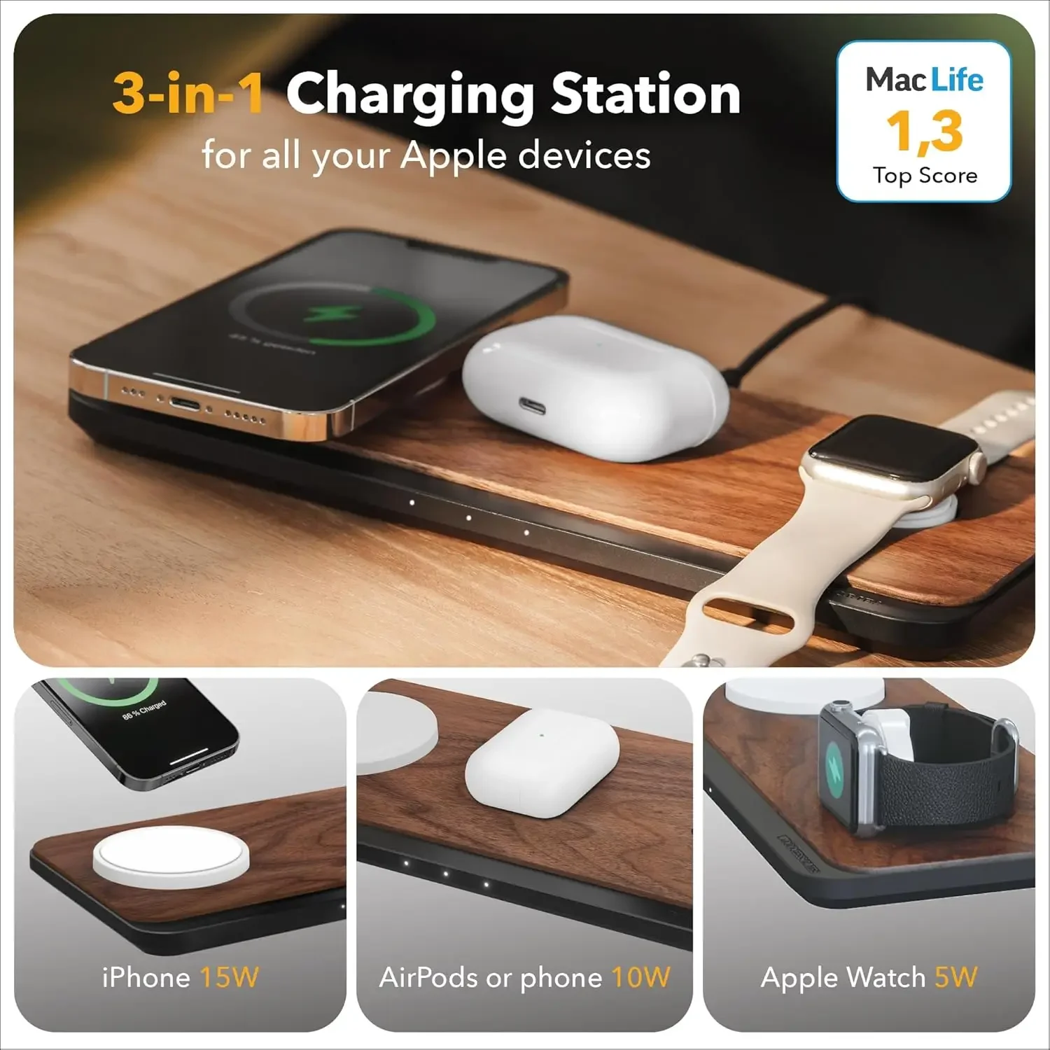 Multibase Pro - 3 in 1 Charging Station Wood | Magsafe Charger | Wireless Charger Compatible with iPhone, Apple Watch, Air Pods