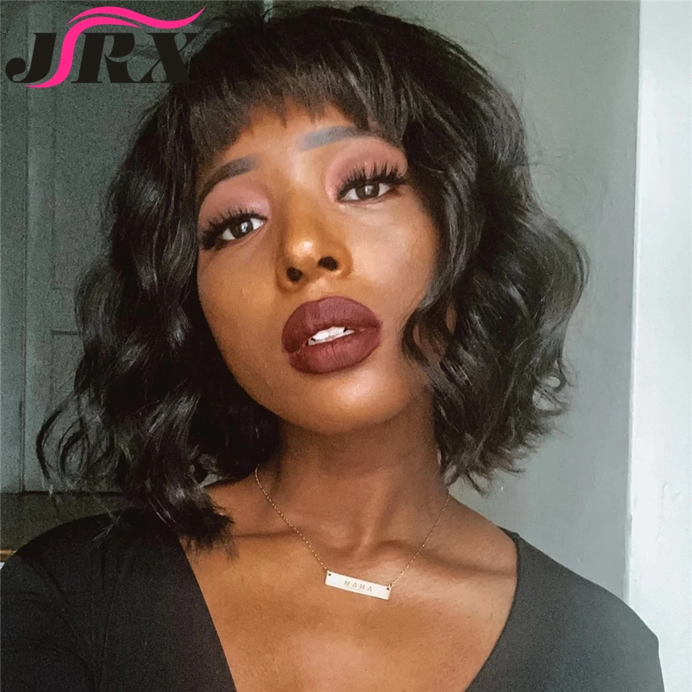 

Peruvian Curly Human Hair Wigs with Bangs Short Bob Natural Wave Full Machine Made Wigs for Black Women Remy Fringe Wigs