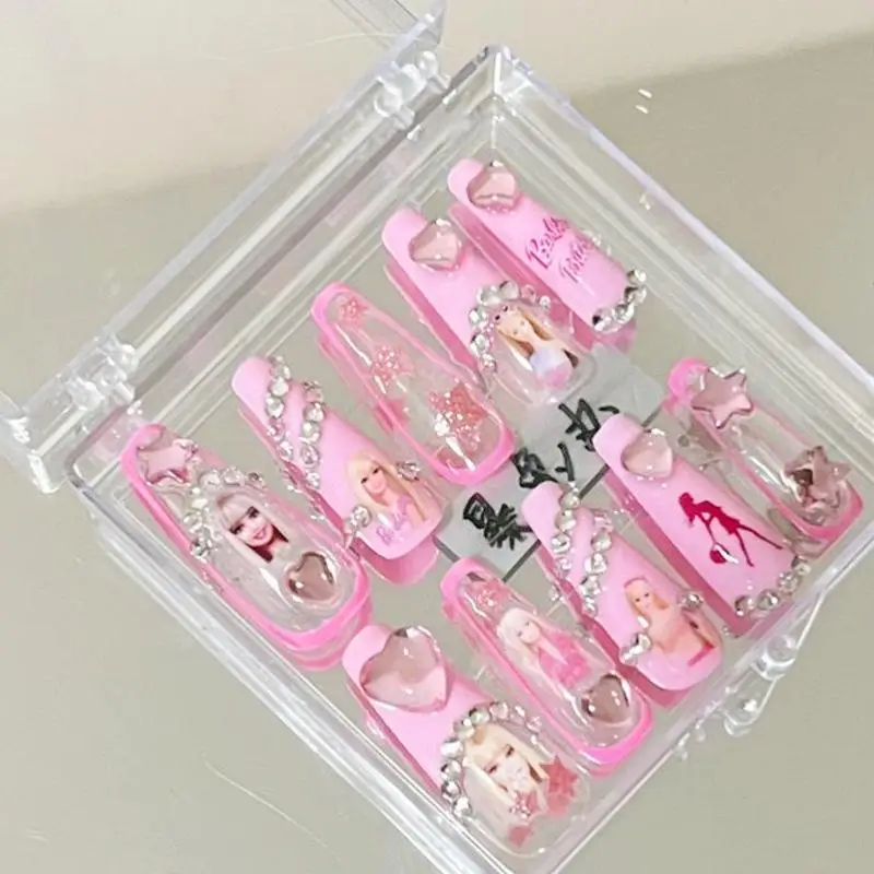 Kawaii Barbie Handmade Nails Patch Stickers Anime Y2K Cartoon Long Coffin Stiletto Wearable Fake Nails Art Manicure Jewelry Gift