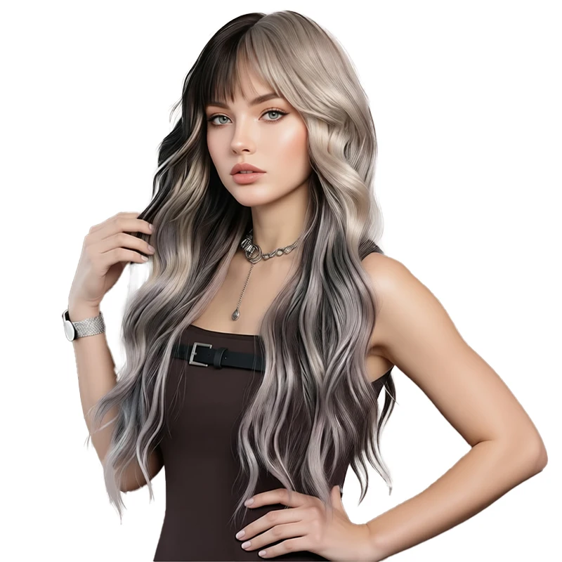 

Wavy hairpiece with sweeping bangs, in gradient grey color Daily Cosplay Party Use Heat Resistant Fiber for Women