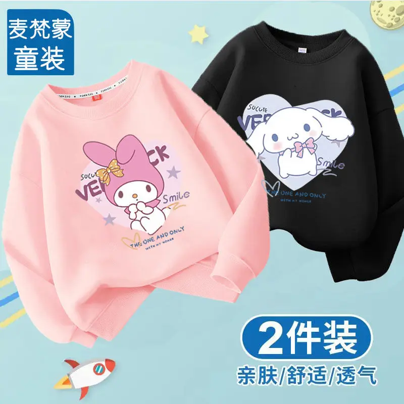 Cute Girl Kuromi Hoodies Kawaii Cinnamoroll Pullover Two pieces Round neck Sweatshirts Cartoons Children Casual Kids Clothes
