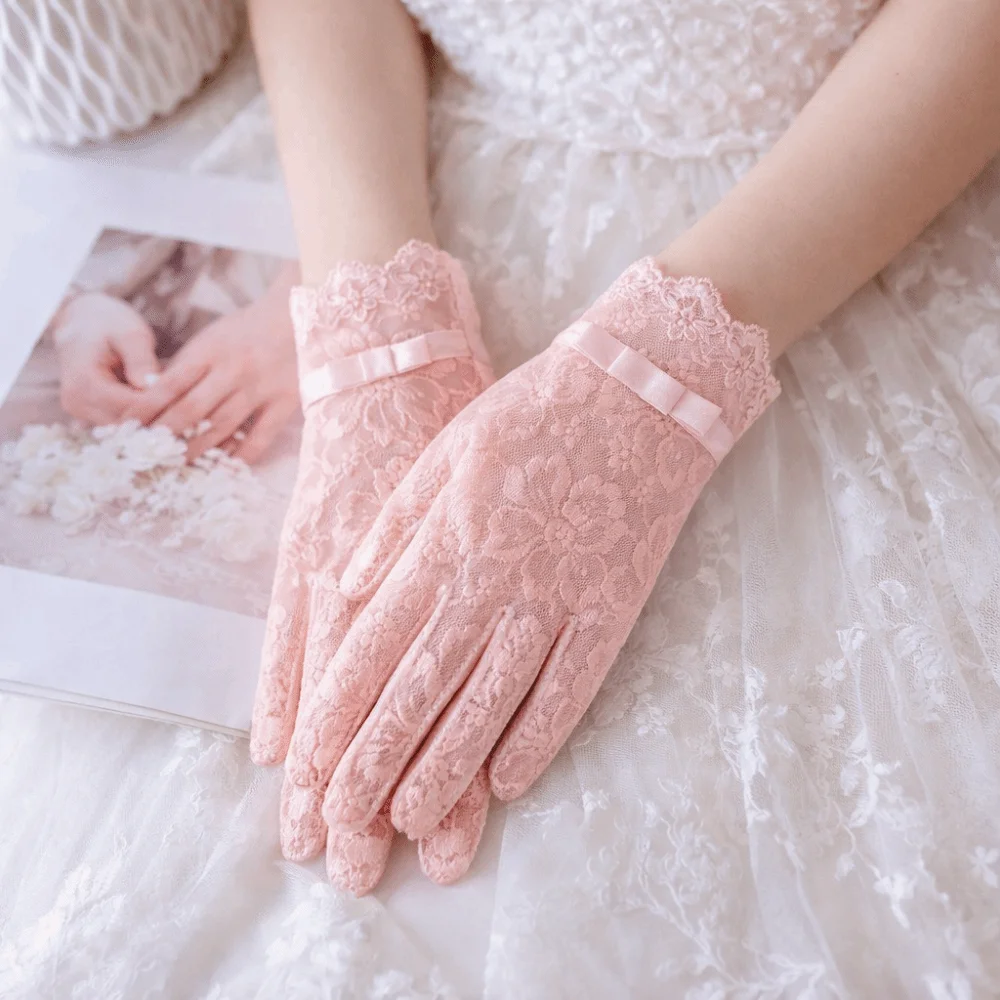 Anti-skid Women Sun Protection Gloves Lace Full-finger Design Ice Silk Lace Gloves Breathable Thin Material