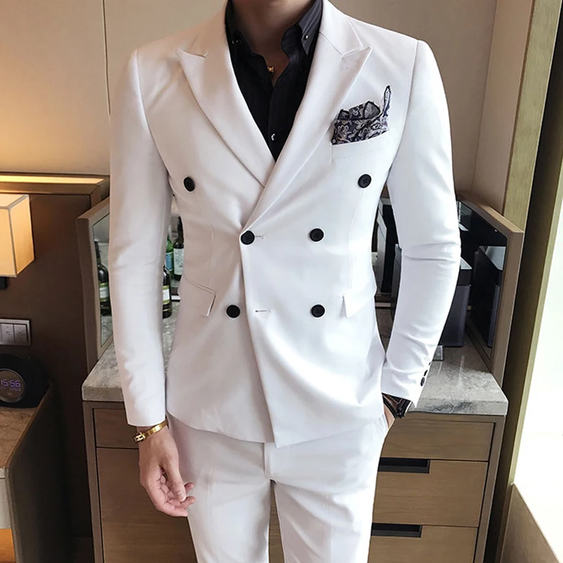 ( Jackets + Pants ) Solid Color Double Breasted Mens Suit Groom Wedding Dress Dinner Party Prom Suits Formal Business Tuxedo