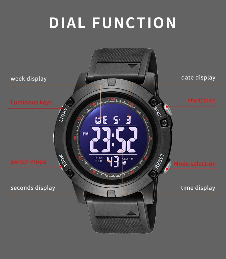 WECOOL Brand Digtial Sports Watches 50M Waterproof LED Back Light Alarm Clock W-601 Watch For Men