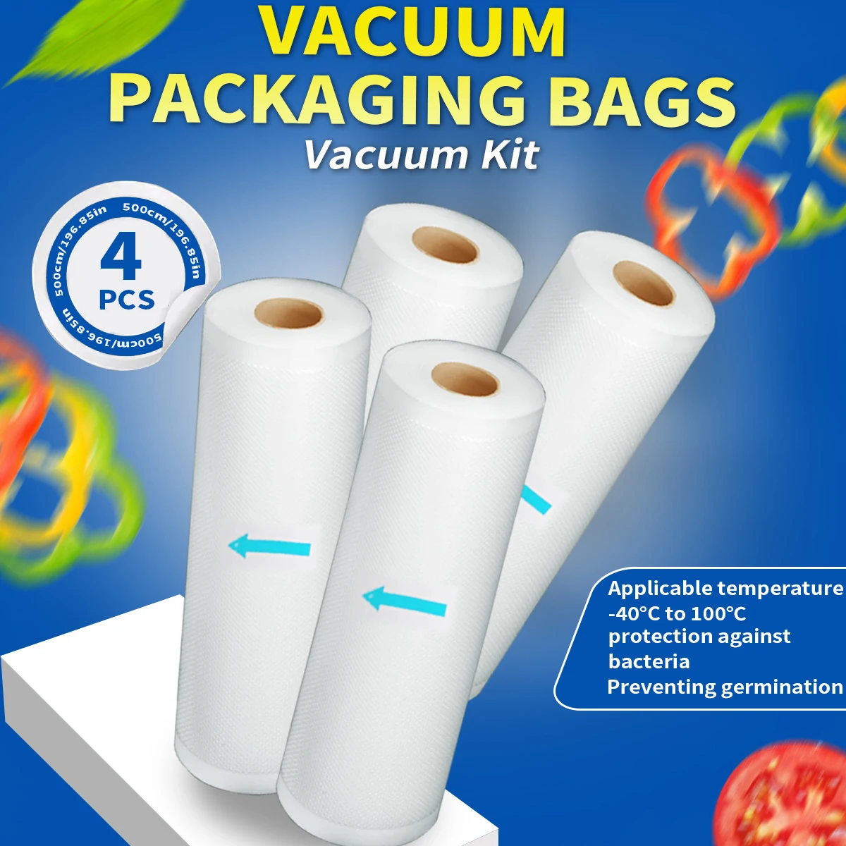 4pcs 5m vacuum sealed food bag roll, free of bisphenol A, seven layer co extruded diamond pattern vacuum preservation bag