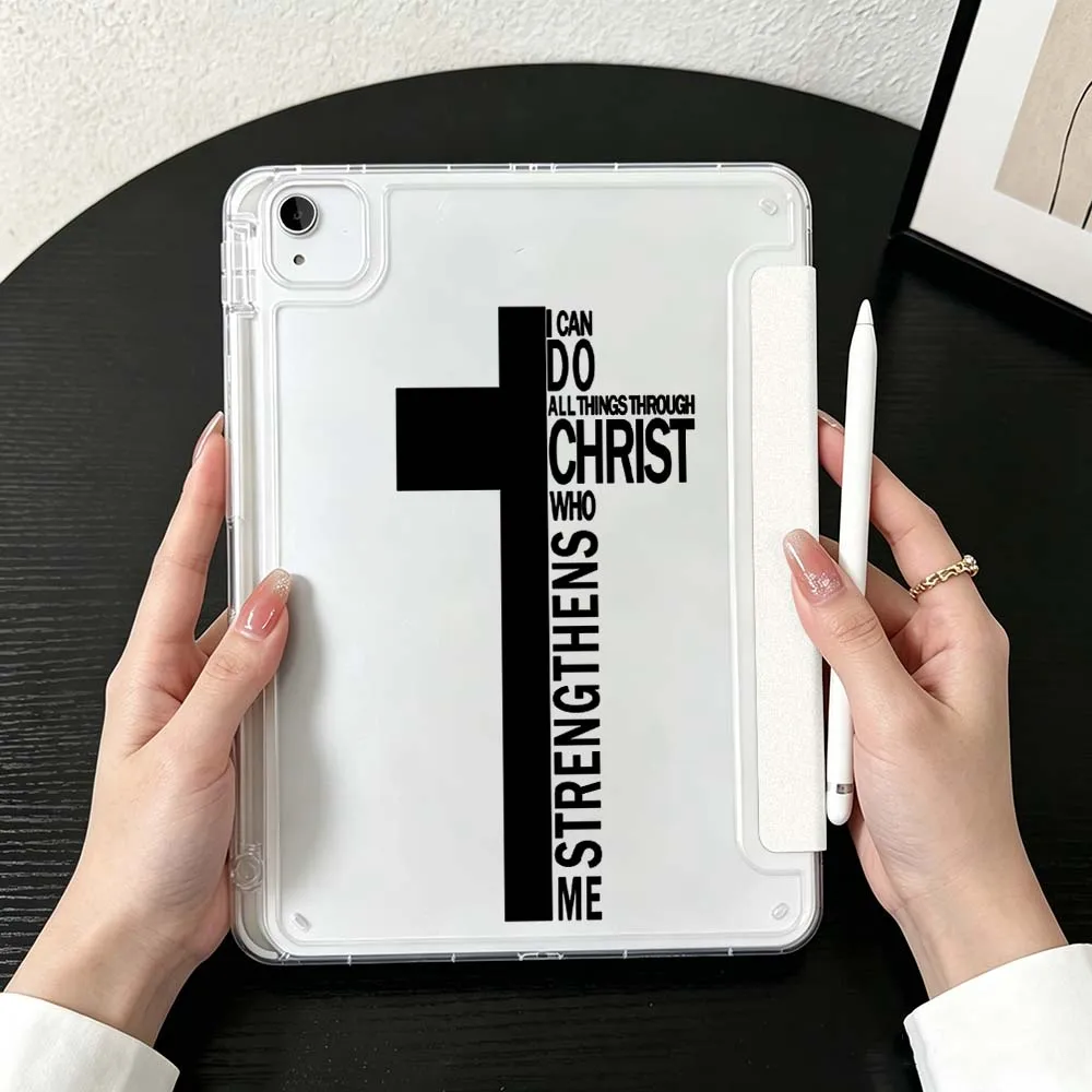 Cartoon Cross Christ Me Case For iPad Mini Pro Air 5 6 7 8 9 10th 11th 11 9.7 10.9 13 inch Transparent Y-Shaped Folding Tablet