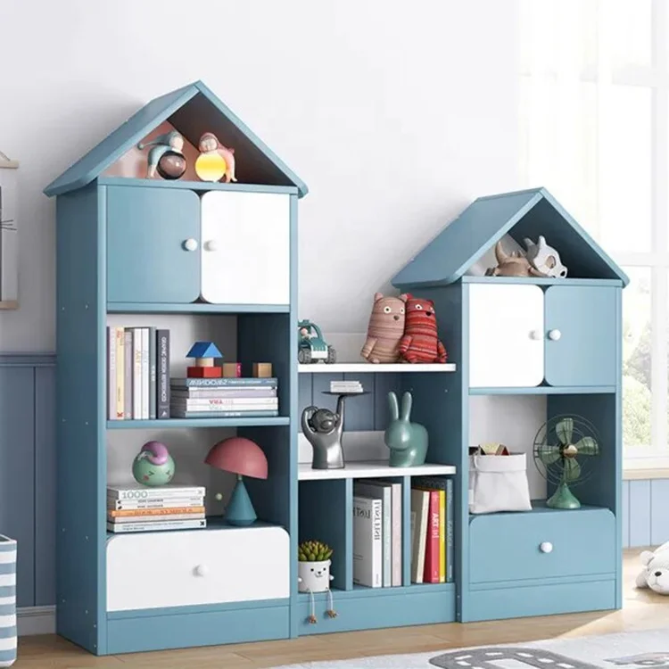 Modern bedroom playroom library wood kid book storage cabinet children's bookcase bookshelves set with drawer and door