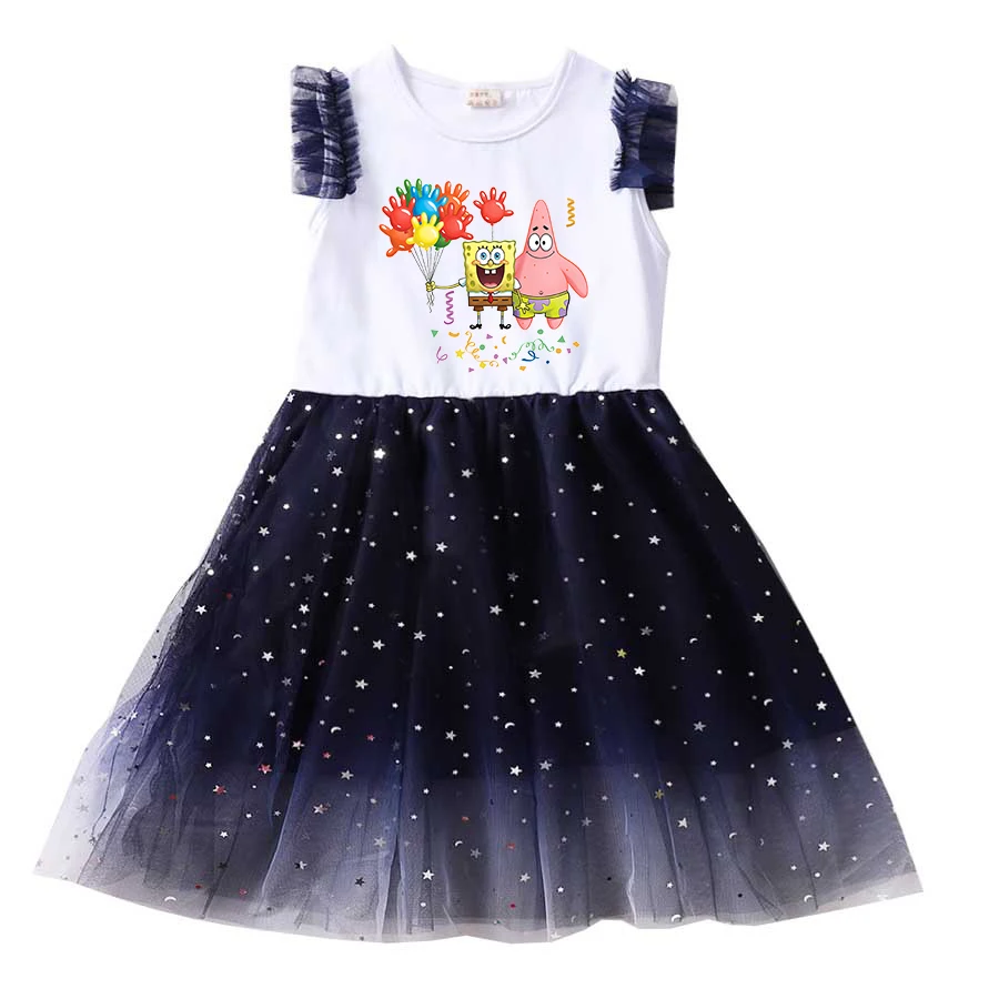 

Fashion Potdemiel SpongeBob Summer Kids Dresses Girls Princess Party Costume Cartoon Short Sleeve Children's Prom Mesh Dresses